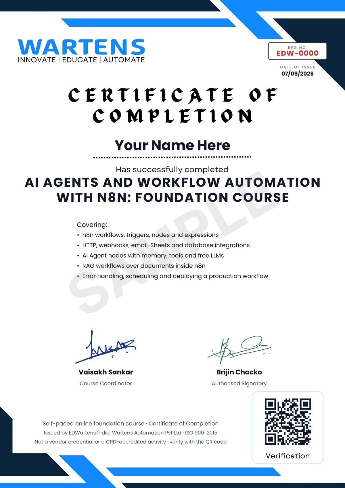 Sample EDWartens Certificate of Completion for AI Agents and Workflow Automation with n8n