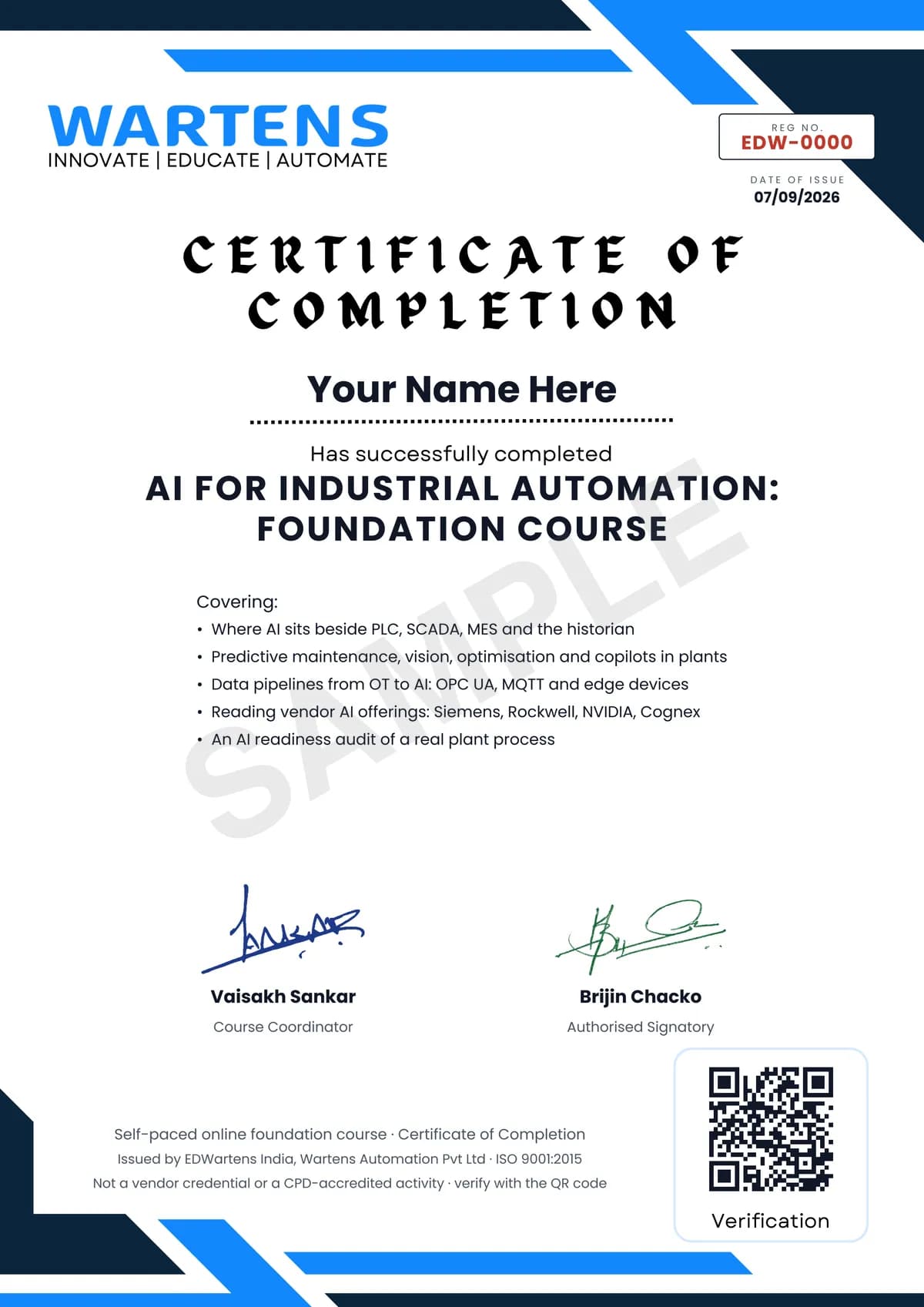 Sample EDWartens Certificate of Completion for AI for Industrial Automation