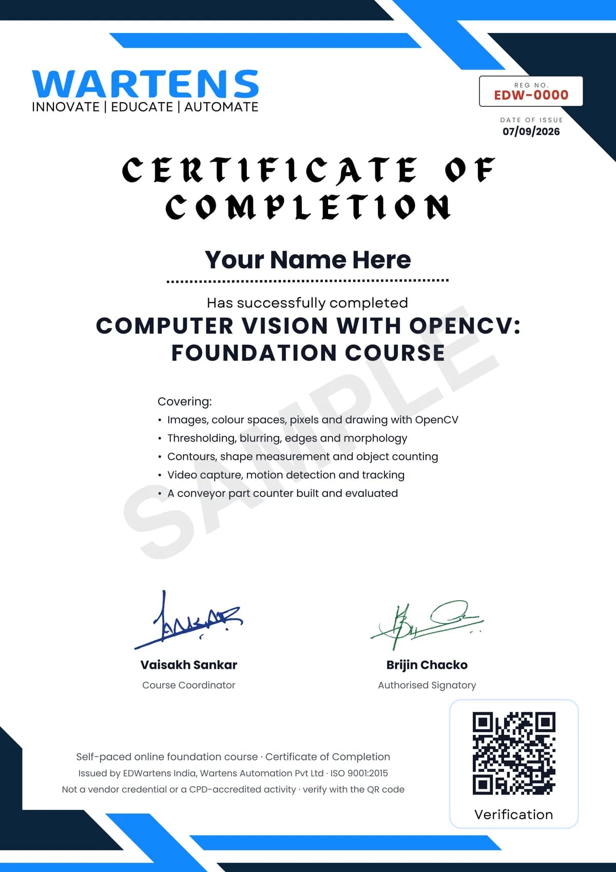 Sample EDWartens Certificate of Completion for Computer Vision with OpenCV