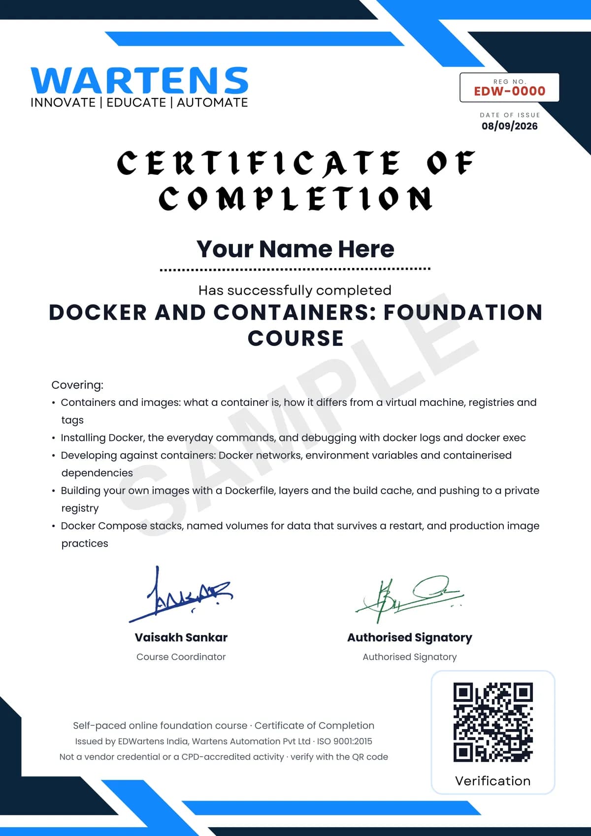 Sample EDWartens Certificate of Completion for Docker and Containers for Automation Engineers