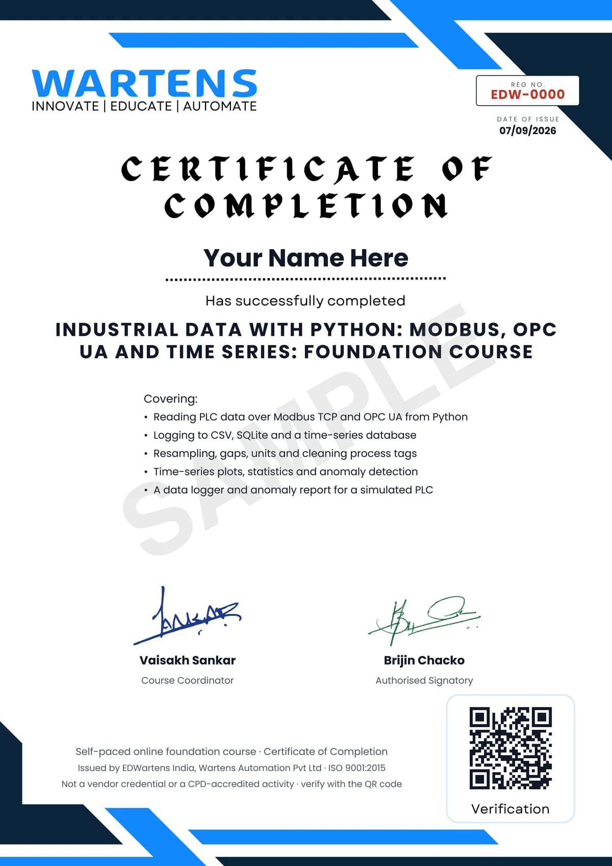 Sample EDWartens Certificate of Completion for Industrial Data with Python