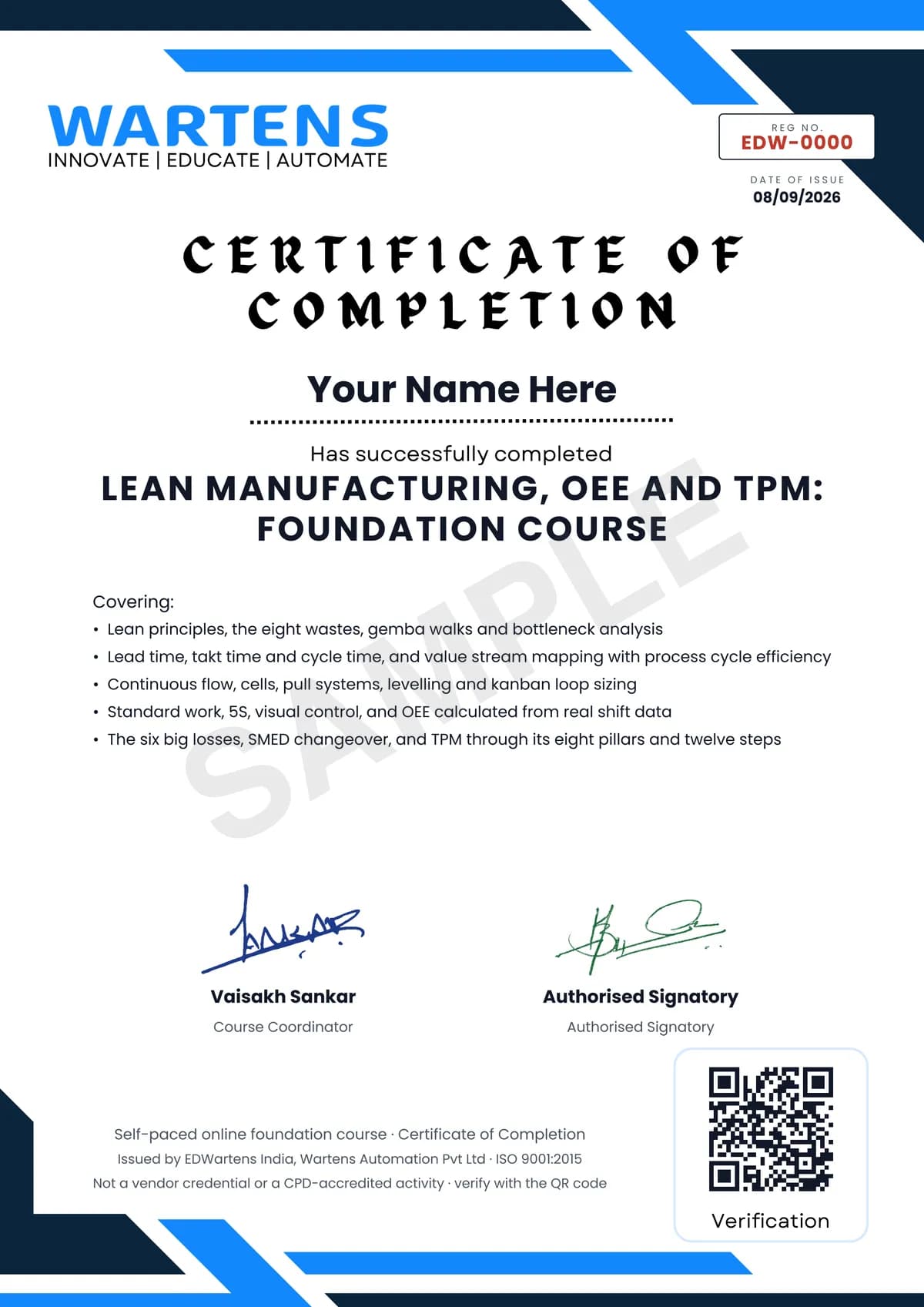 Sample EDWartens Certificate of Completion for Lean Manufacturing, OEE and TPM