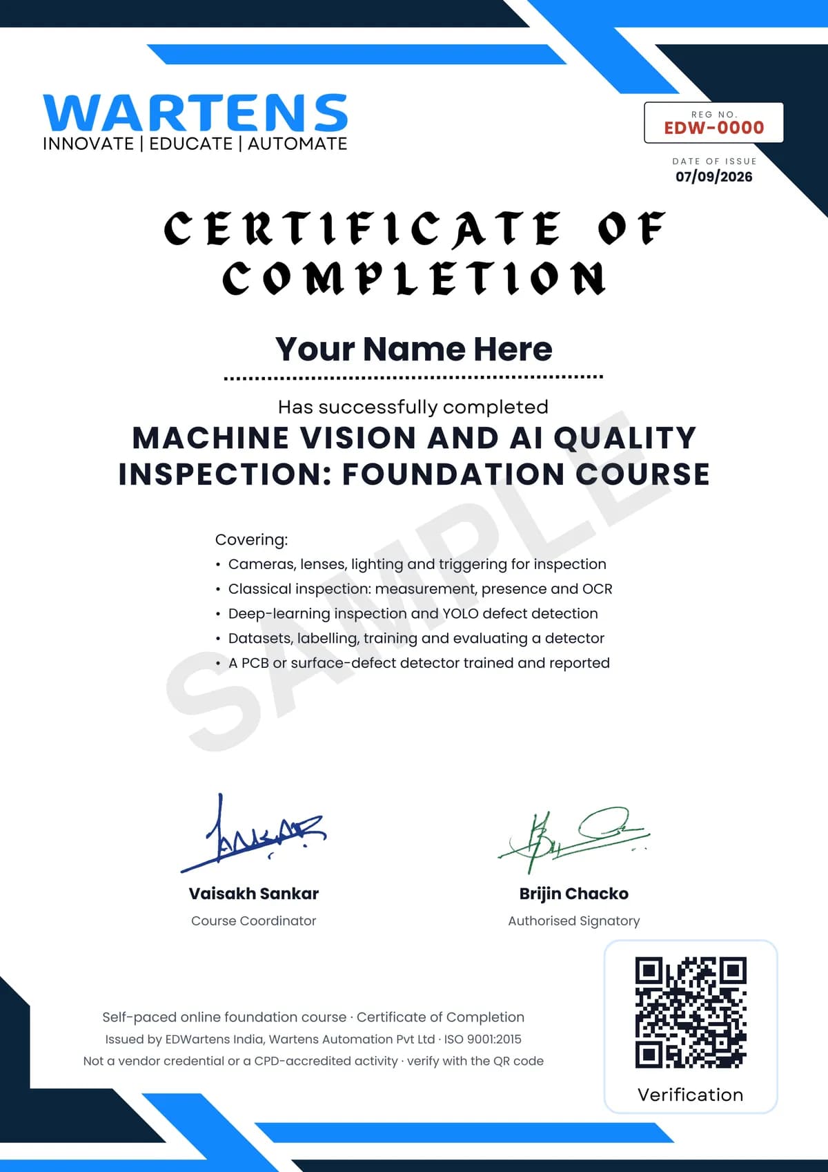 Sample EDWartens Certificate of Completion for Machine Vision and Quality Inspection