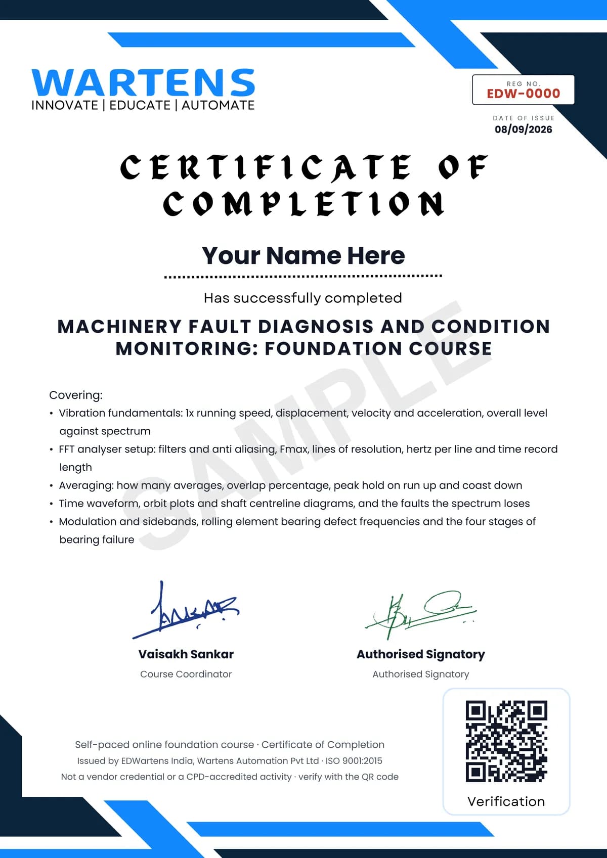 Sample EDWartens Certificate of Completion for Machinery Fault Diagnosis and Condition Monitoring