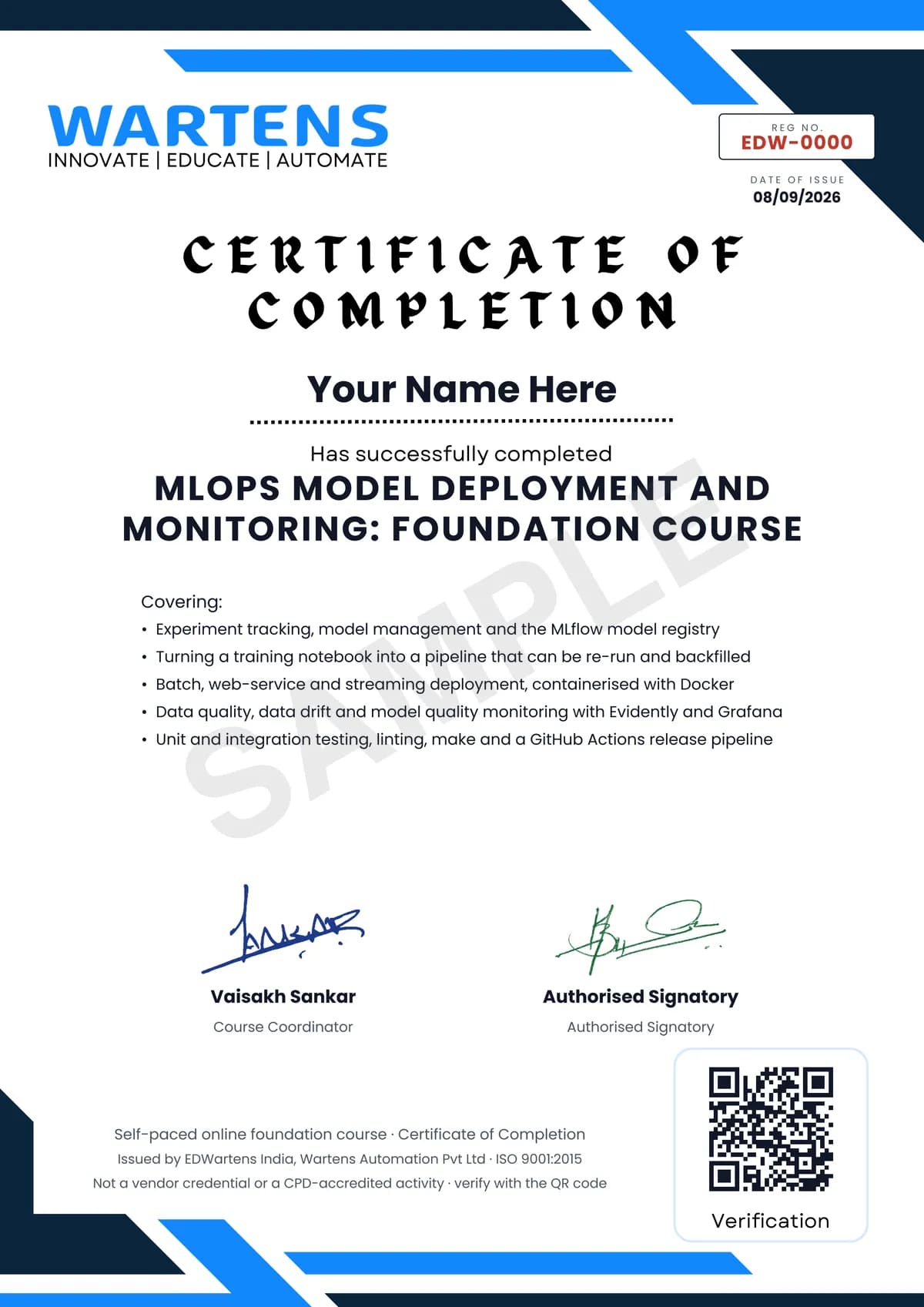 Sample EDWartens Certificate of Completion for MLOps Model Deployment and Monitoring