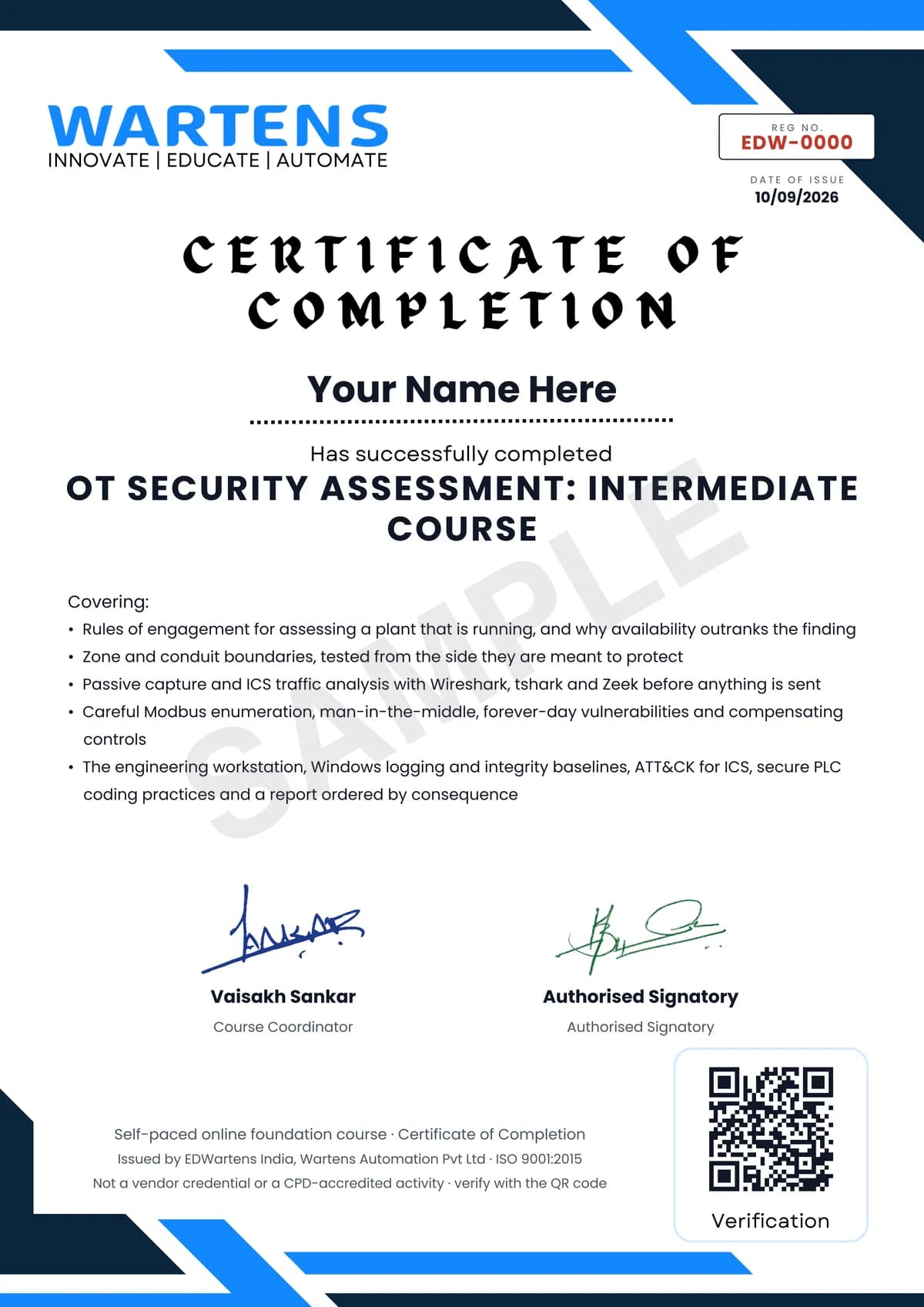 Sample EDWartens Certificate of Completion for OT Security Assessment: Testing a Plant Without Stopping It