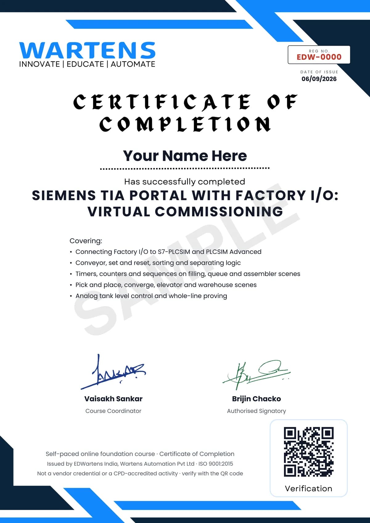 Sample EDWartens Certificate of Completion for Siemens TIA Portal with Factory I/O: Virtual Commissioning Projects
