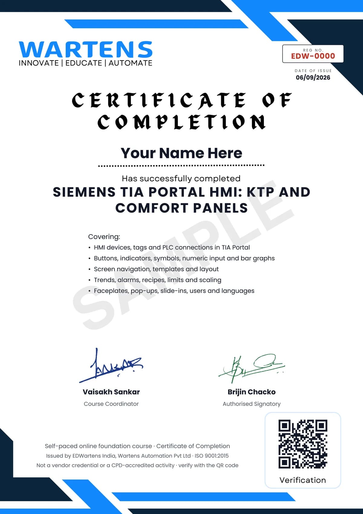 Sample EDWartens Certificate of Completion for Siemens TIA Portal HMI: KTP and Comfort Panels with WinCC