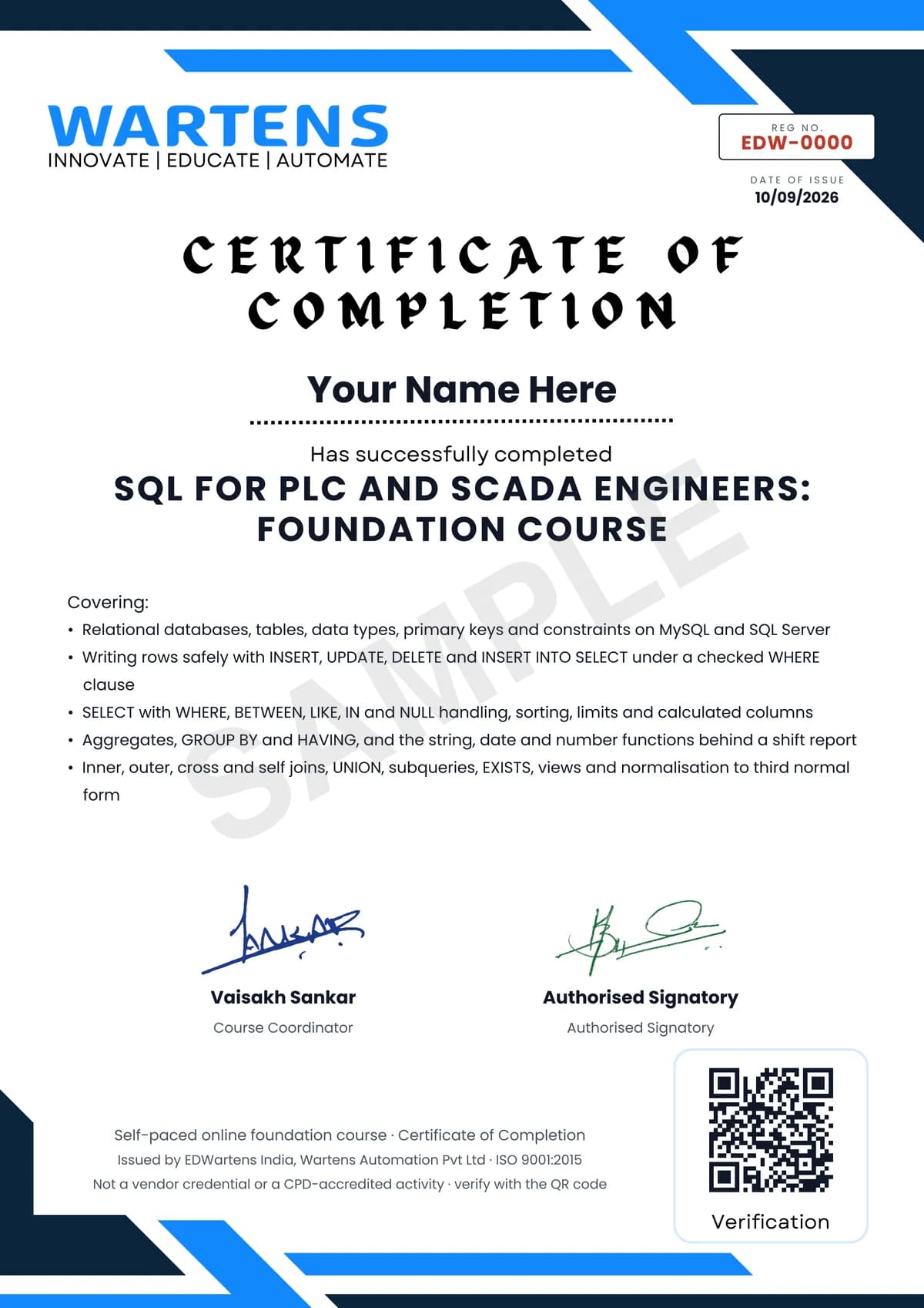 Sample EDWartens Certificate of Completion for SQL for PLC and SCADA Engineers