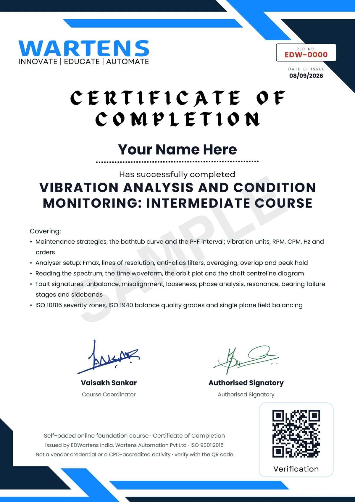 Sample EDWartens Certificate of Completion for Vibration Analysis Training