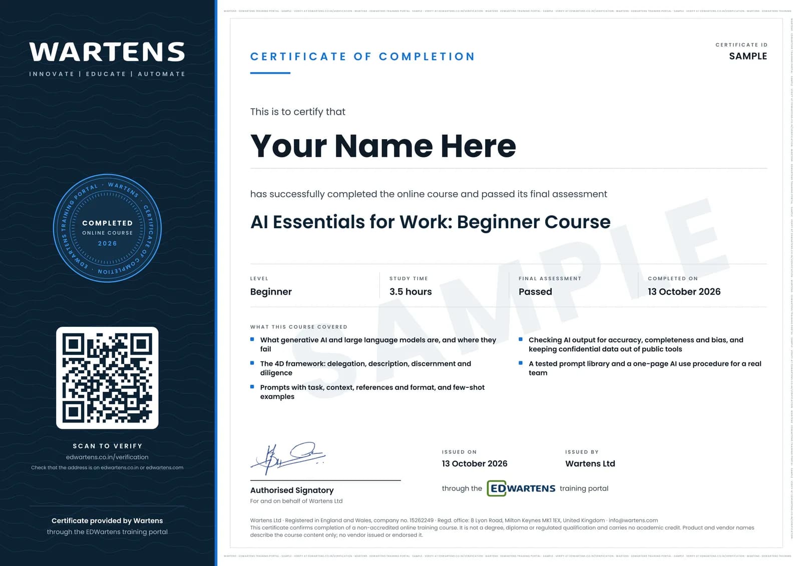 Sample Wartens Certificate of Completion for AI Essentials for Work: ChatGPT, Claude, Gemini and Copilot, issued through the EDWartens training portal