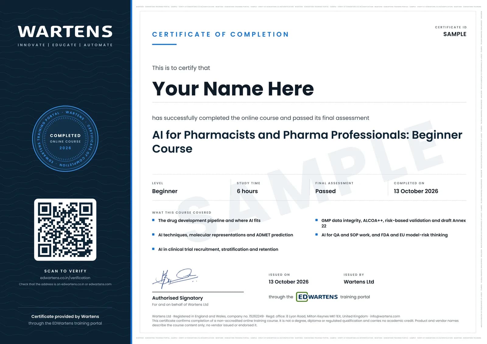 Sample Wartens Certificate of Completion for AI for Pharmacists and Pharma Professionals, issued through the EDWartens training portal