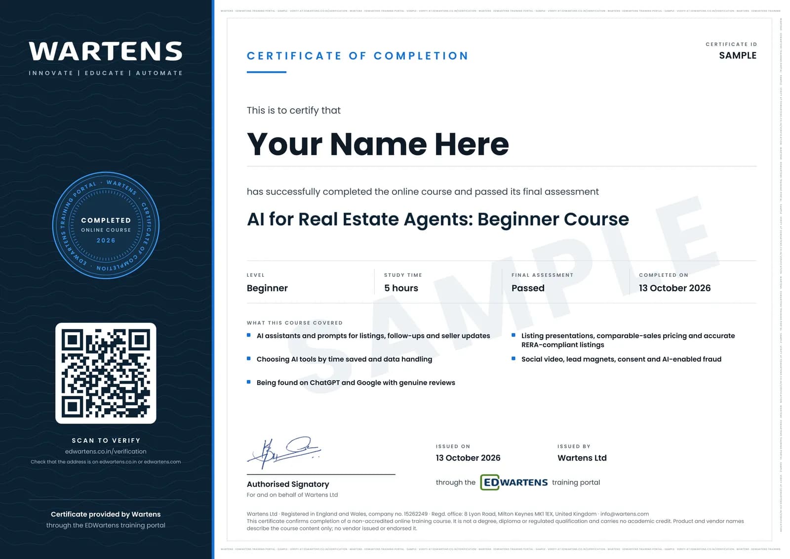 Sample Wartens Certificate of Completion for AI for Real Estate Agents, issued through the EDWartens training portal