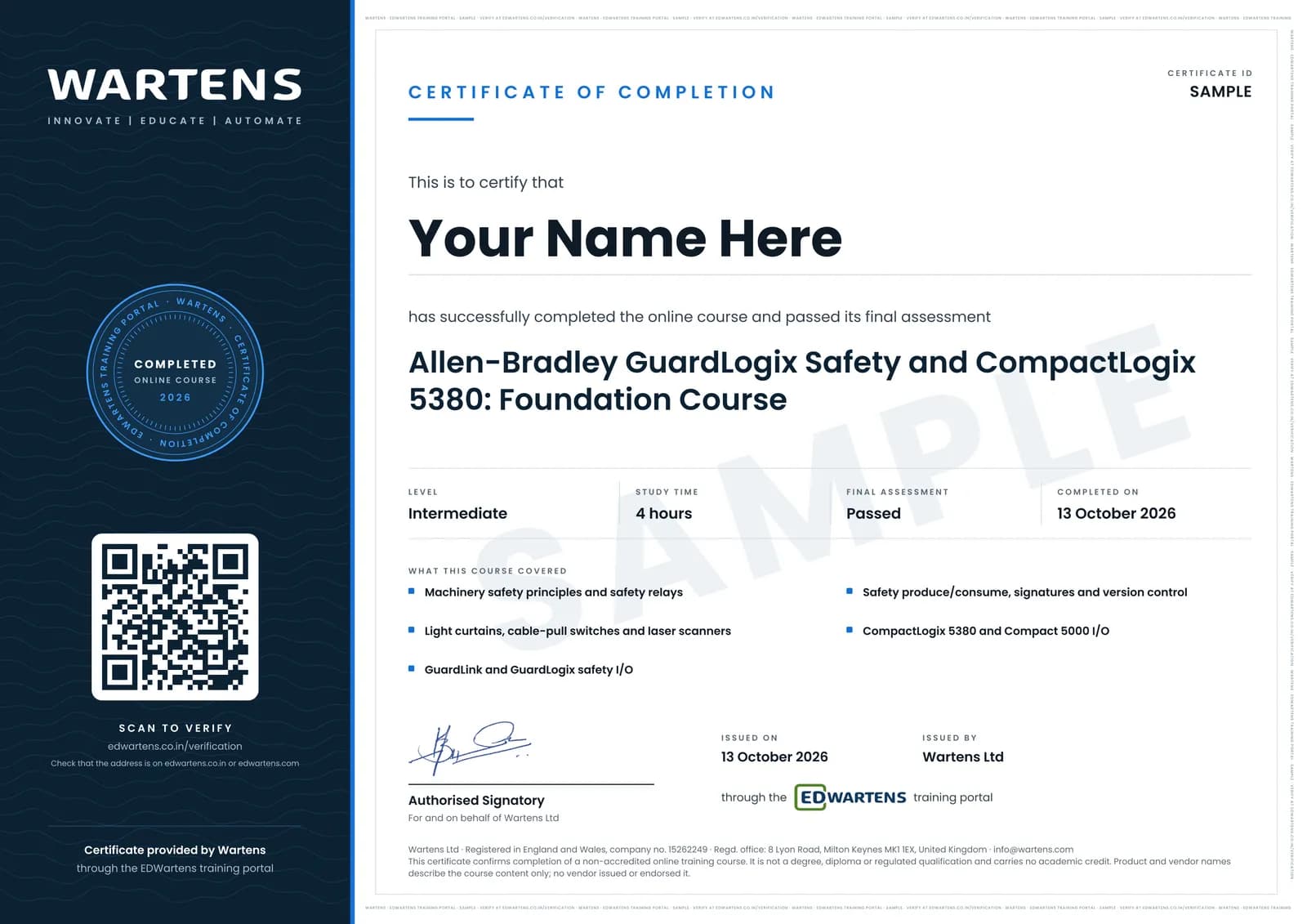 Sample Wartens Certificate of Completion for Allen-Bradley GuardLogix Safety and CompactLogix 5380, issued through the EDWartens training portal