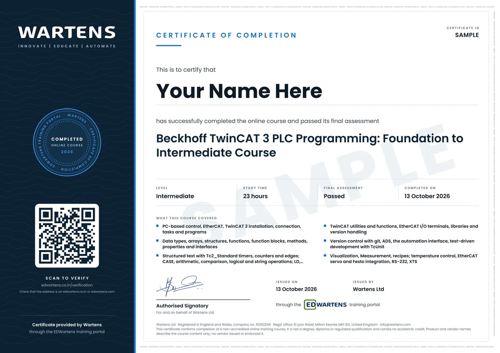 Sample Wartens Certificate of Completion for Beckhoff TwinCAT 3 PLC Programming, issued through the EDWartens training portal