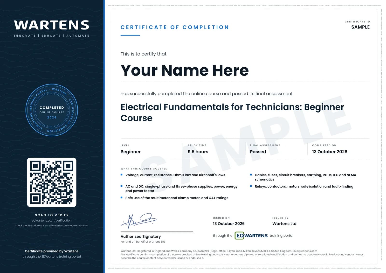 Sample Wartens Certificate of Completion for Electrical Fundamentals for Technicians: Volts to Multimeter to Drawings, issued through the EDWartens training portal
