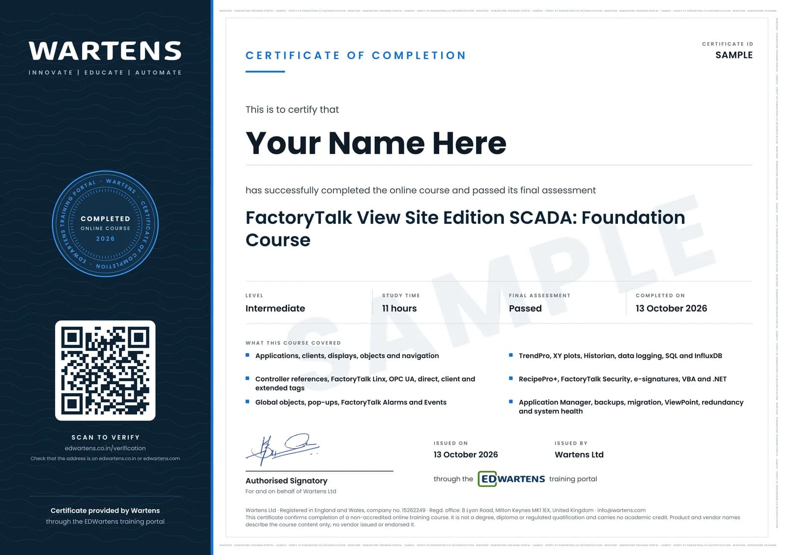 Sample Wartens Certificate of Completion for FactoryTalk View Site Edition SCADA, issued through the EDWartens training portal