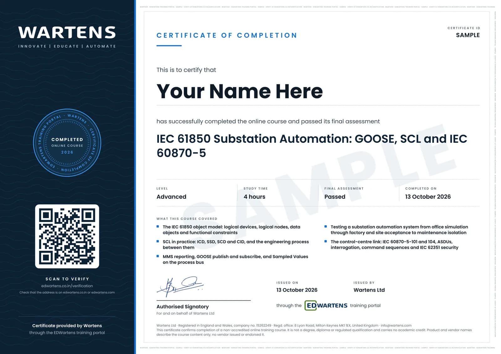 Sample Wartens Certificate of Completion for IEC 61850 Substation Automation: GOOSE, SCL and IEC 60870-5, issued through the EDWartens training portal