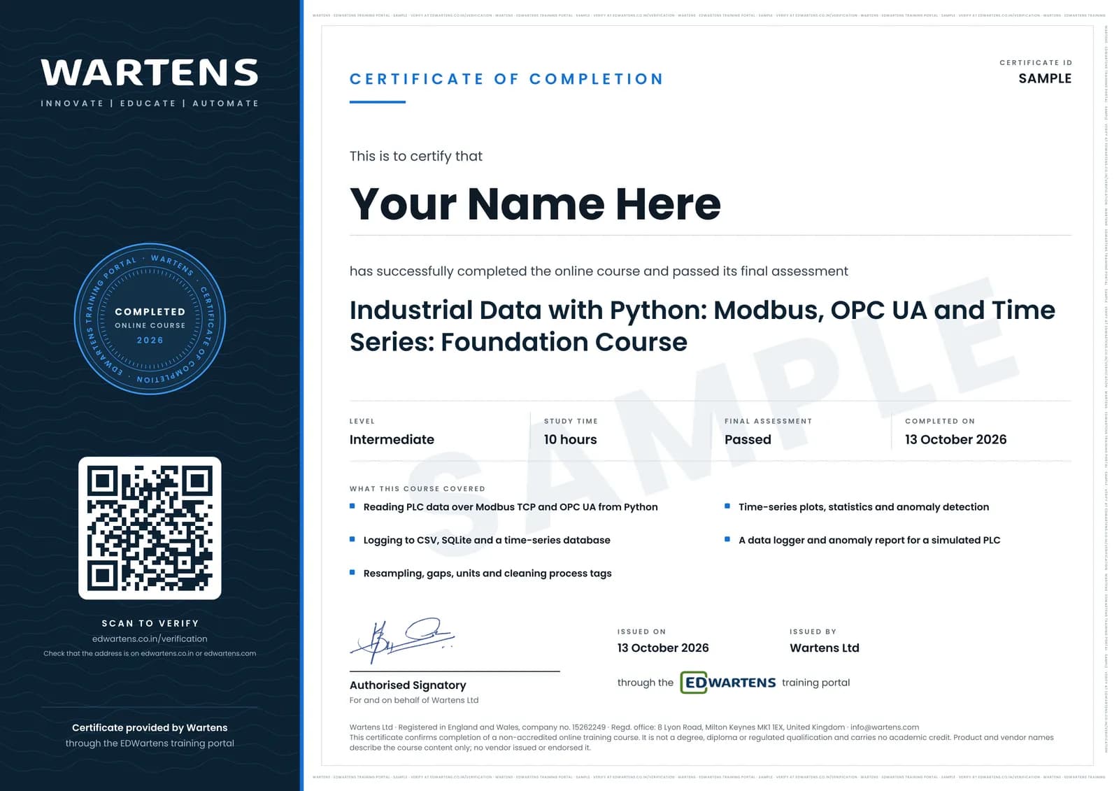 Sample Wartens Certificate of Completion for Industrial Data with Python, issued through the EDWartens training portal