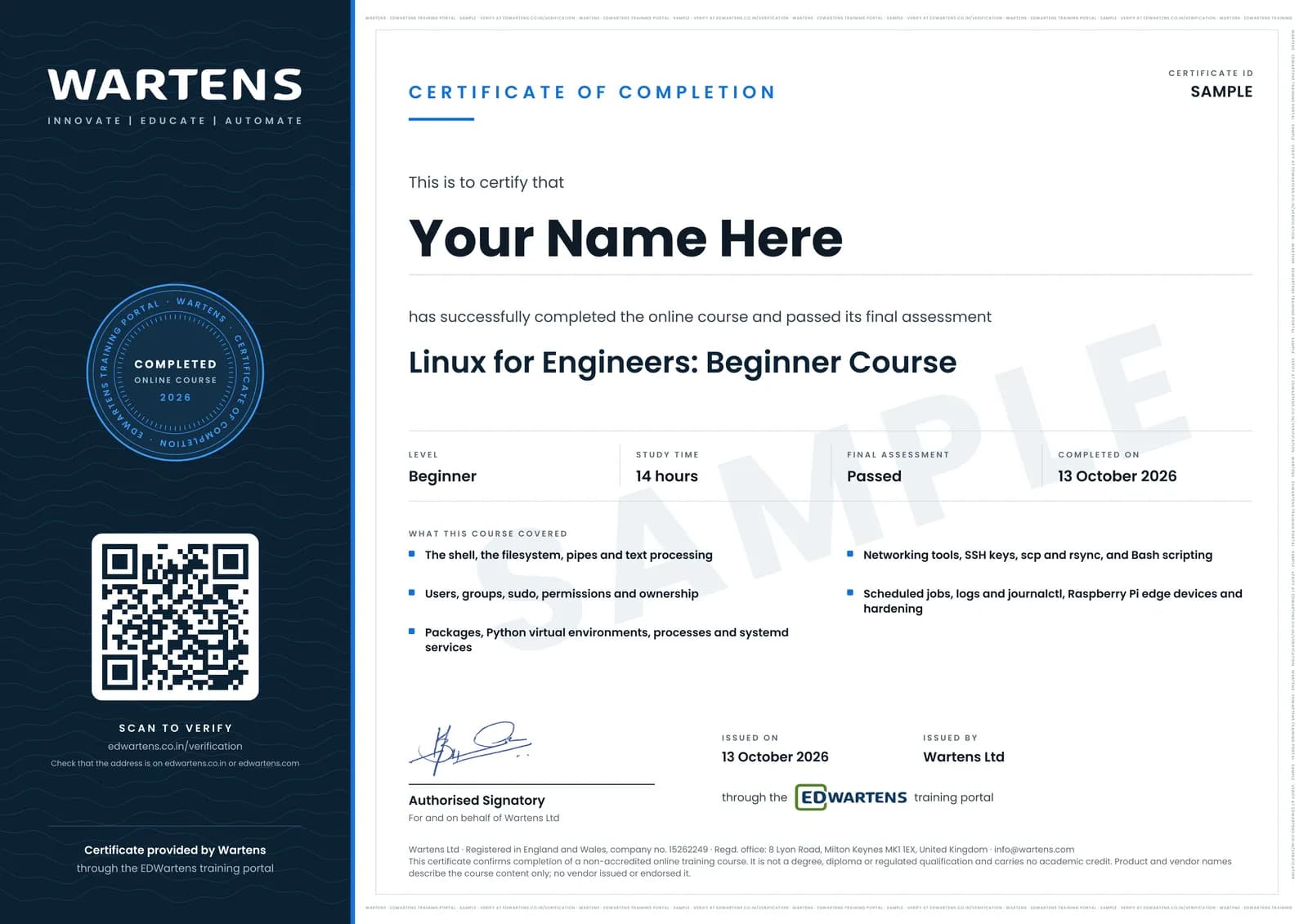 Sample Wartens Certificate of Completion for Linux for Engineers, issued through the EDWartens training portal