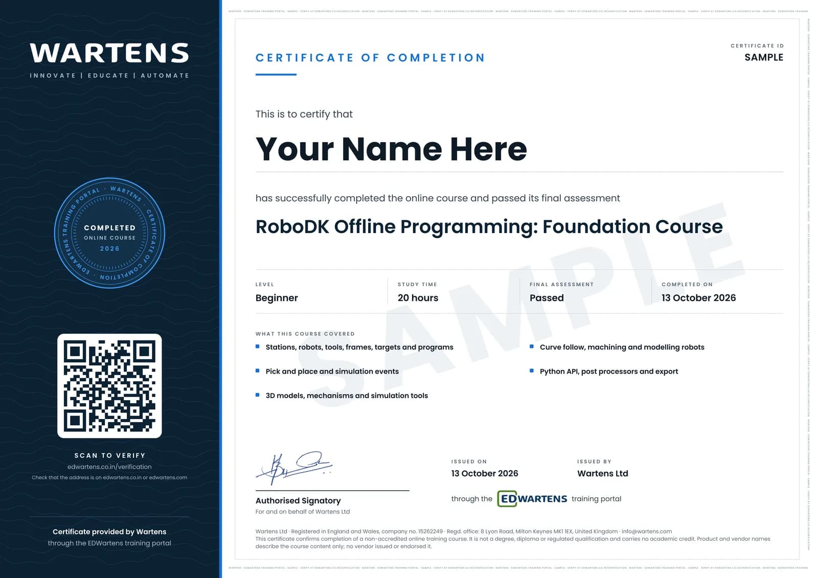 Sample Wartens Certificate of Completion for RoboDK Offline Programming and Simulation, issued through the EDWartens training portal