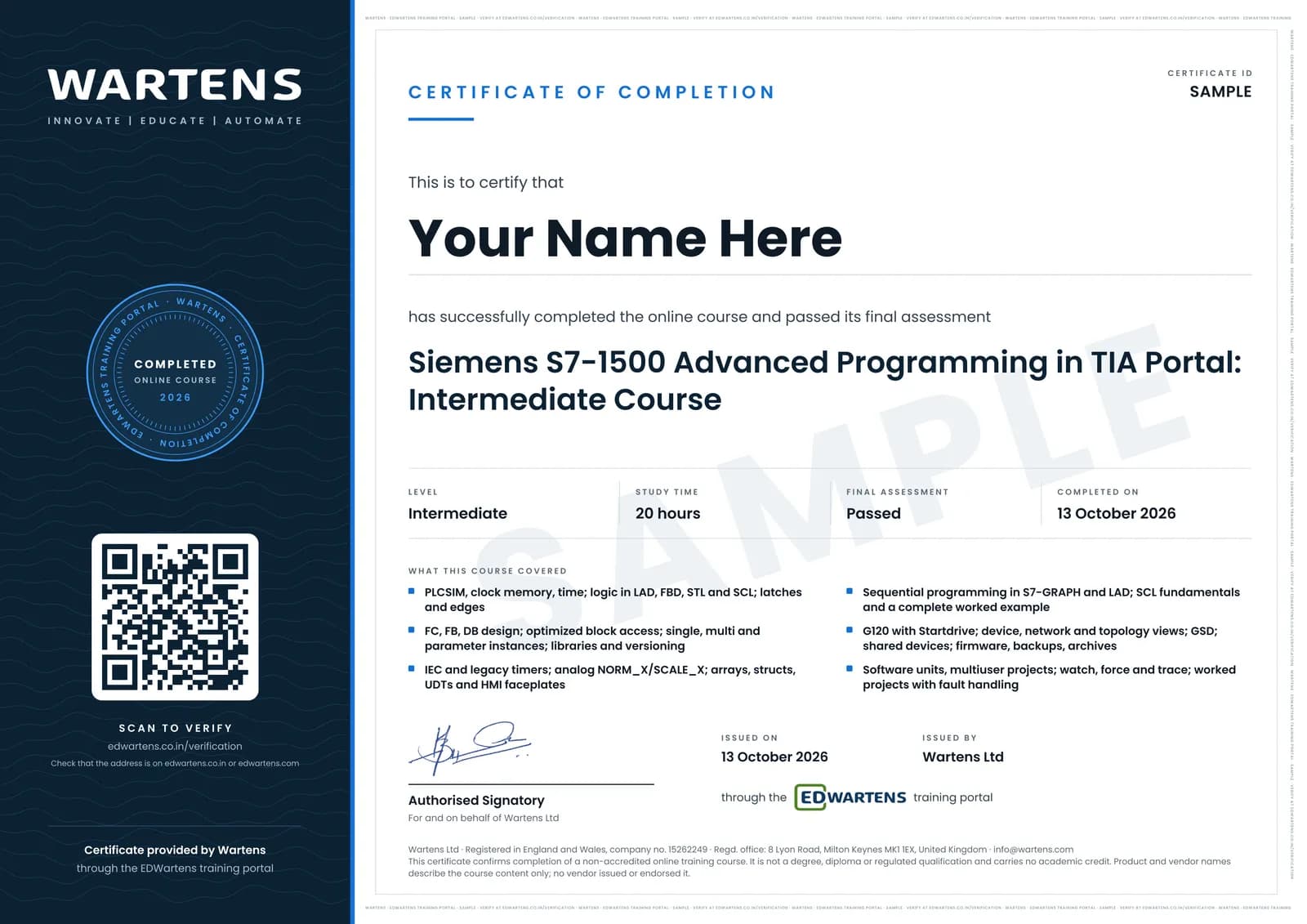 Sample Wartens Certificate of Completion for Siemens S7-1500 Advanced Programming in TIA Portal, issued through the EDWartens training portal