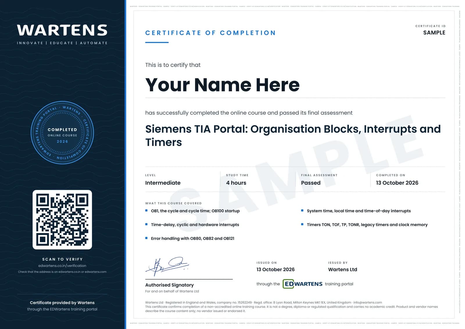 Sample Wartens Certificate of Completion for Siemens TIA Portal: Organisation Blocks, Interrupts and Timers, issued through the EDWartens training portal