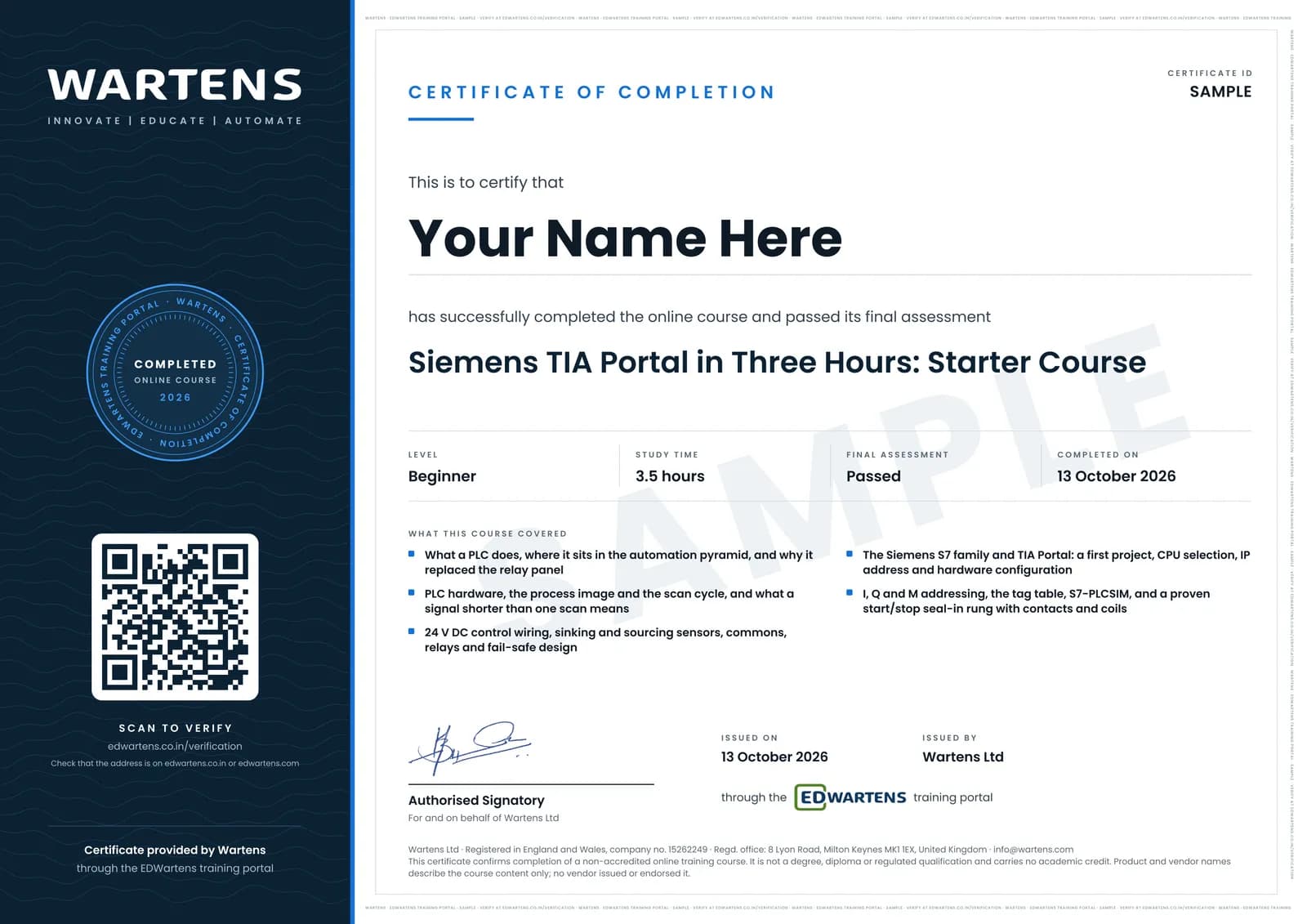 Sample Wartens Certificate of Completion for Siemens TIA Portal in Three Hours, issued through the EDWartens training portal