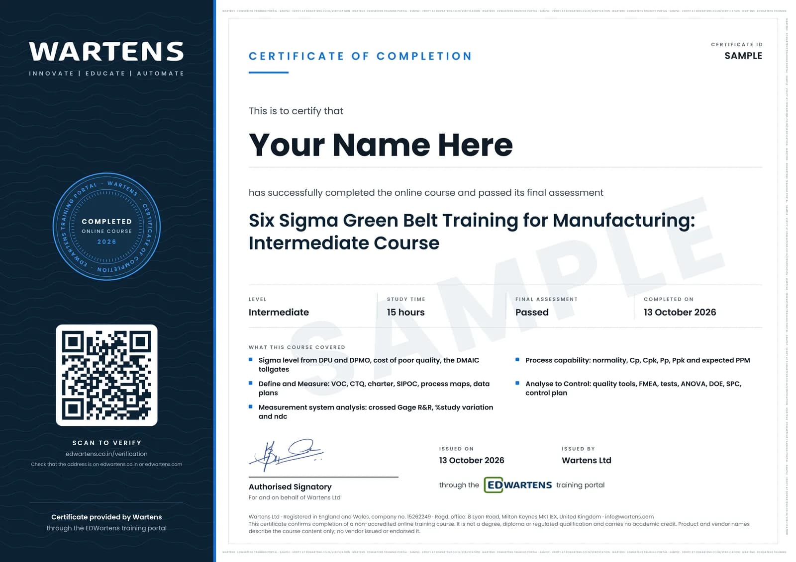 Sample Wartens Certificate of Completion for Six Sigma Green Belt Training for Manufacturing, issued through the EDWartens training portal