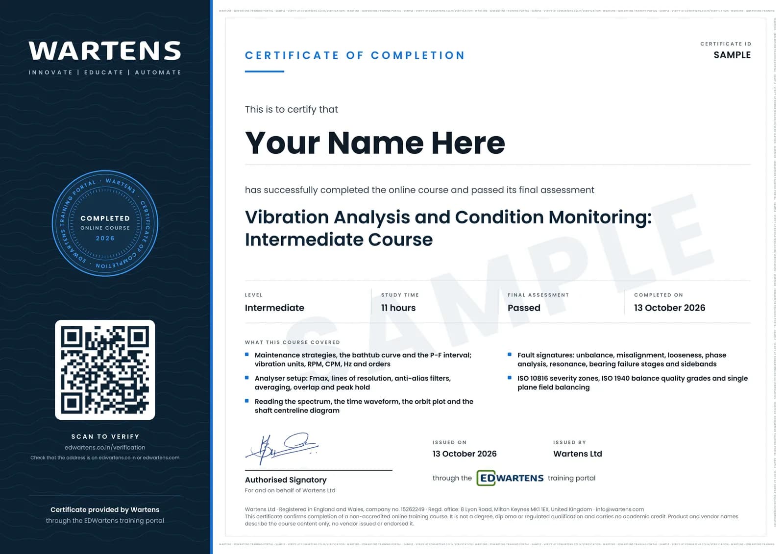 Sample Wartens Certificate of Completion for Vibration Analysis Training, issued through the EDWartens training portal