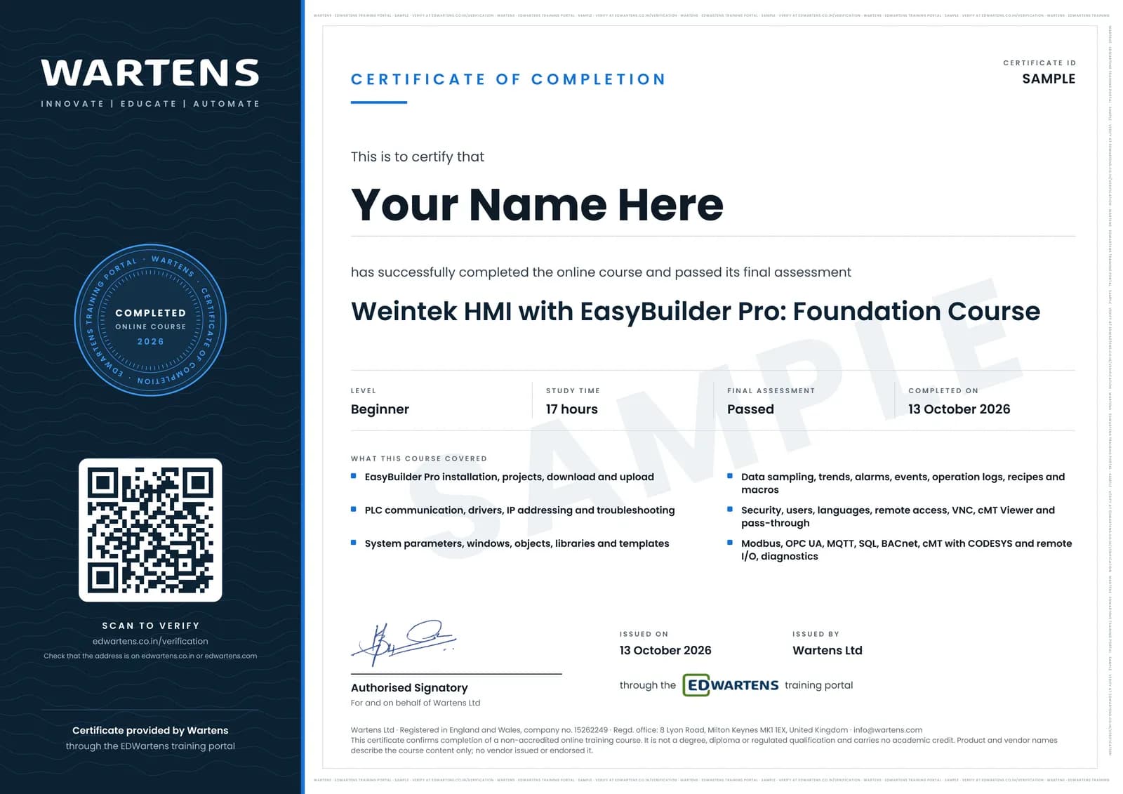 Sample Wartens Certificate of Completion for Weintek HMI with EasyBuilder Pro, issued through the EDWartens training portal