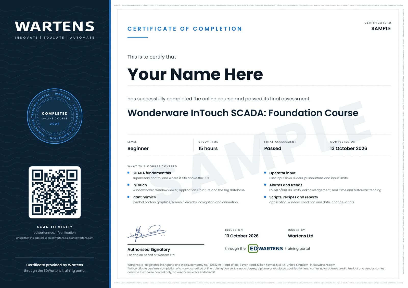 Sample Wartens Certificate of Completion for Wonderware InTouch SCADA, issued through the EDWartens training portal