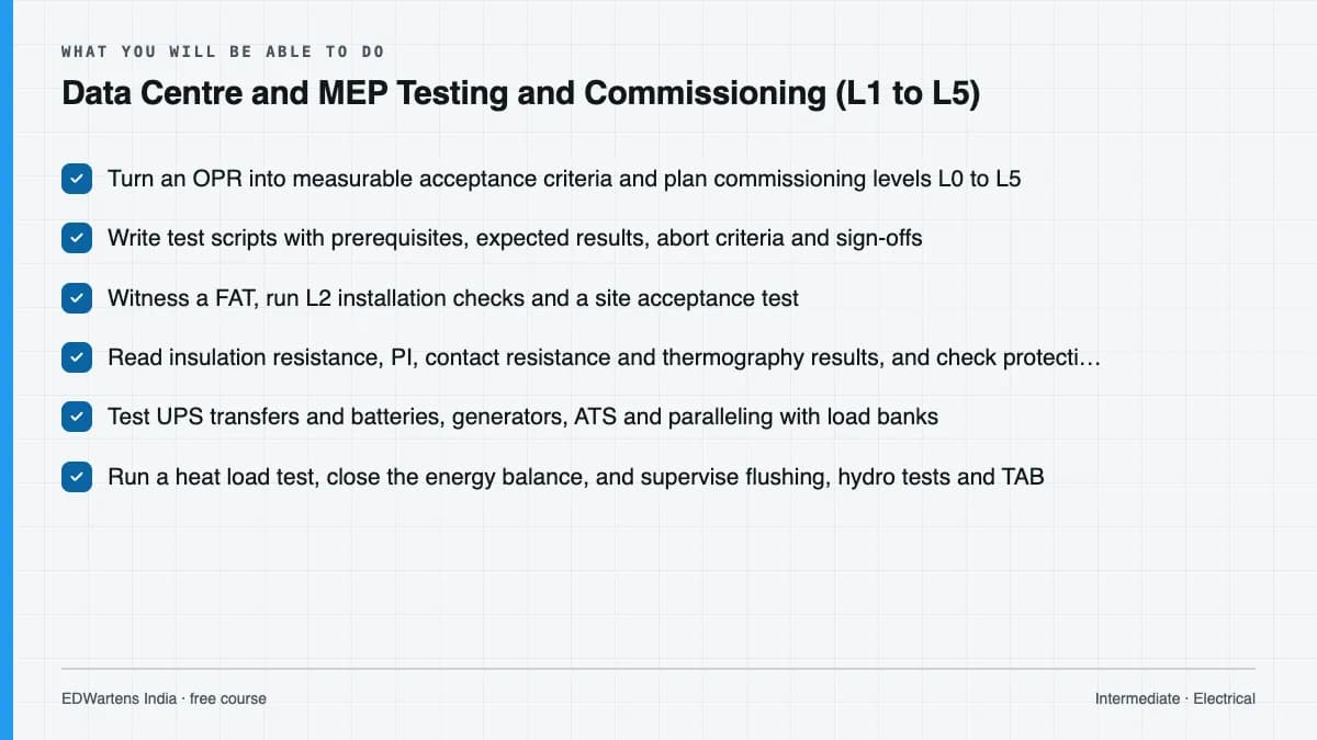 Data Centre and MEP Testing and Commissioning (L1 to L5): What you will be able to do