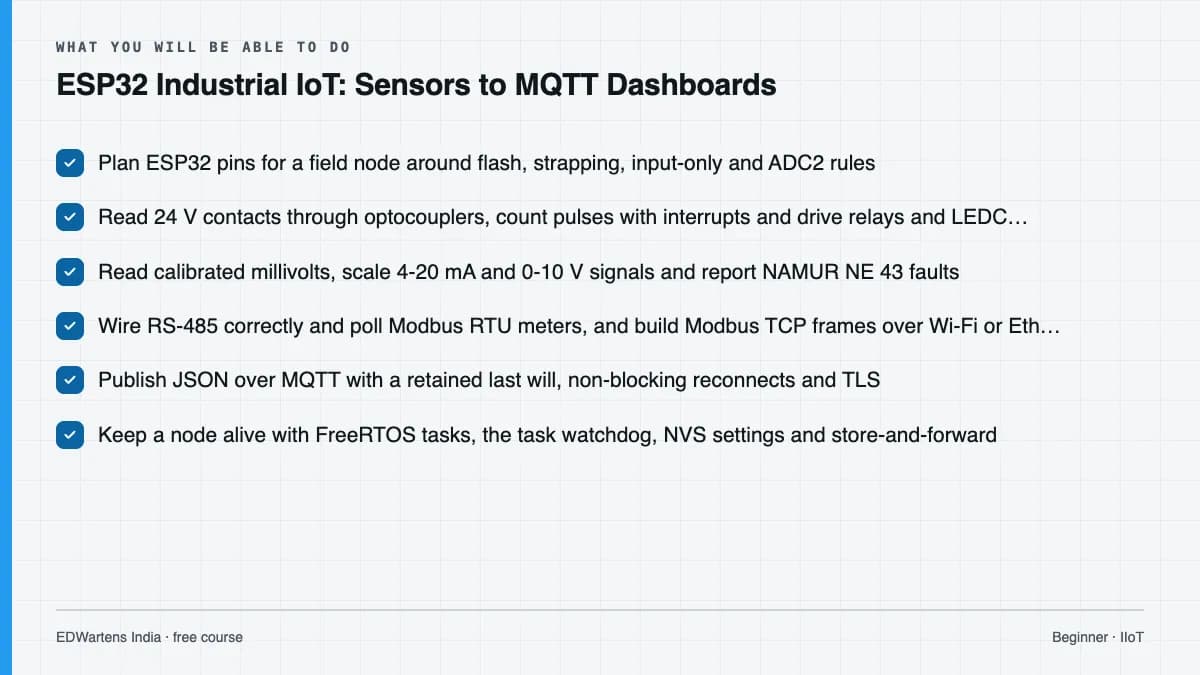 ESP32 Industrial IoT: Sensors to MQTT Dashboards: What you will be able to do