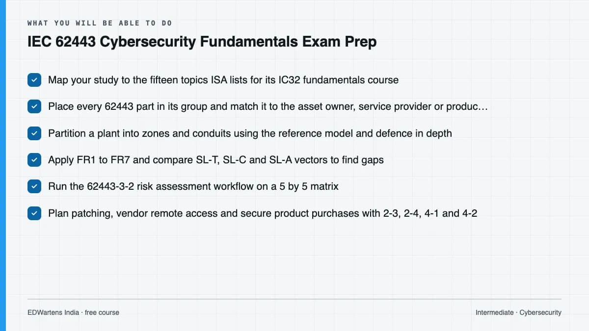 IEC 62443 Cybersecurity Fundamentals Exam Prep: What you will be able to do
