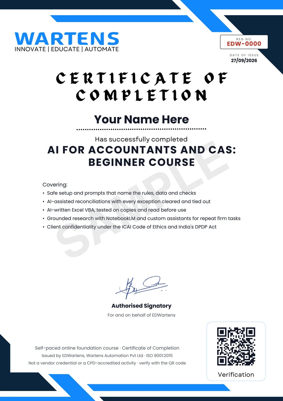 Sample EDWartens Certificate of Completion for AI for Accountants and CAs: ChatGPT, Claude and Excel for Real Accounting Work