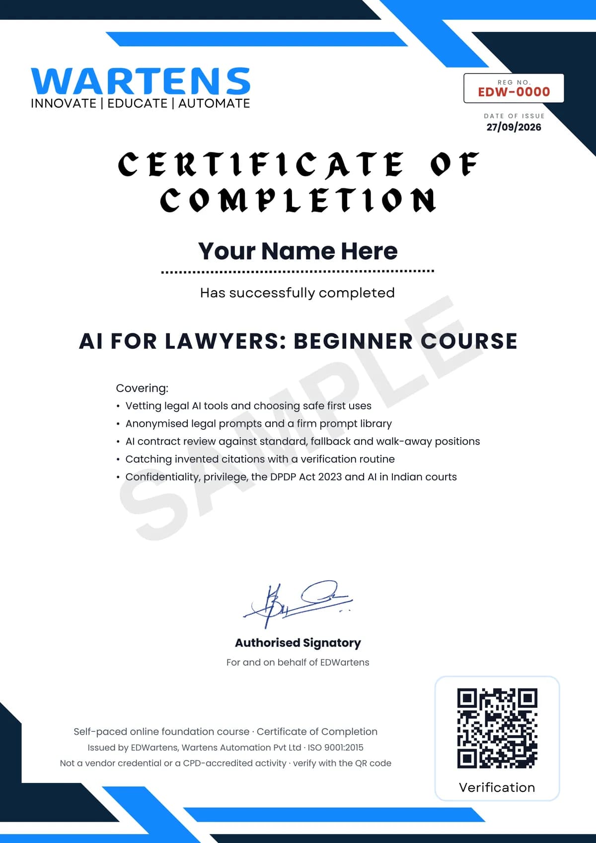 Sample EDWartens Certificate of Completion for AI for Lawyers and Legal Teams: Research, Drafting and Contract Review, Safely