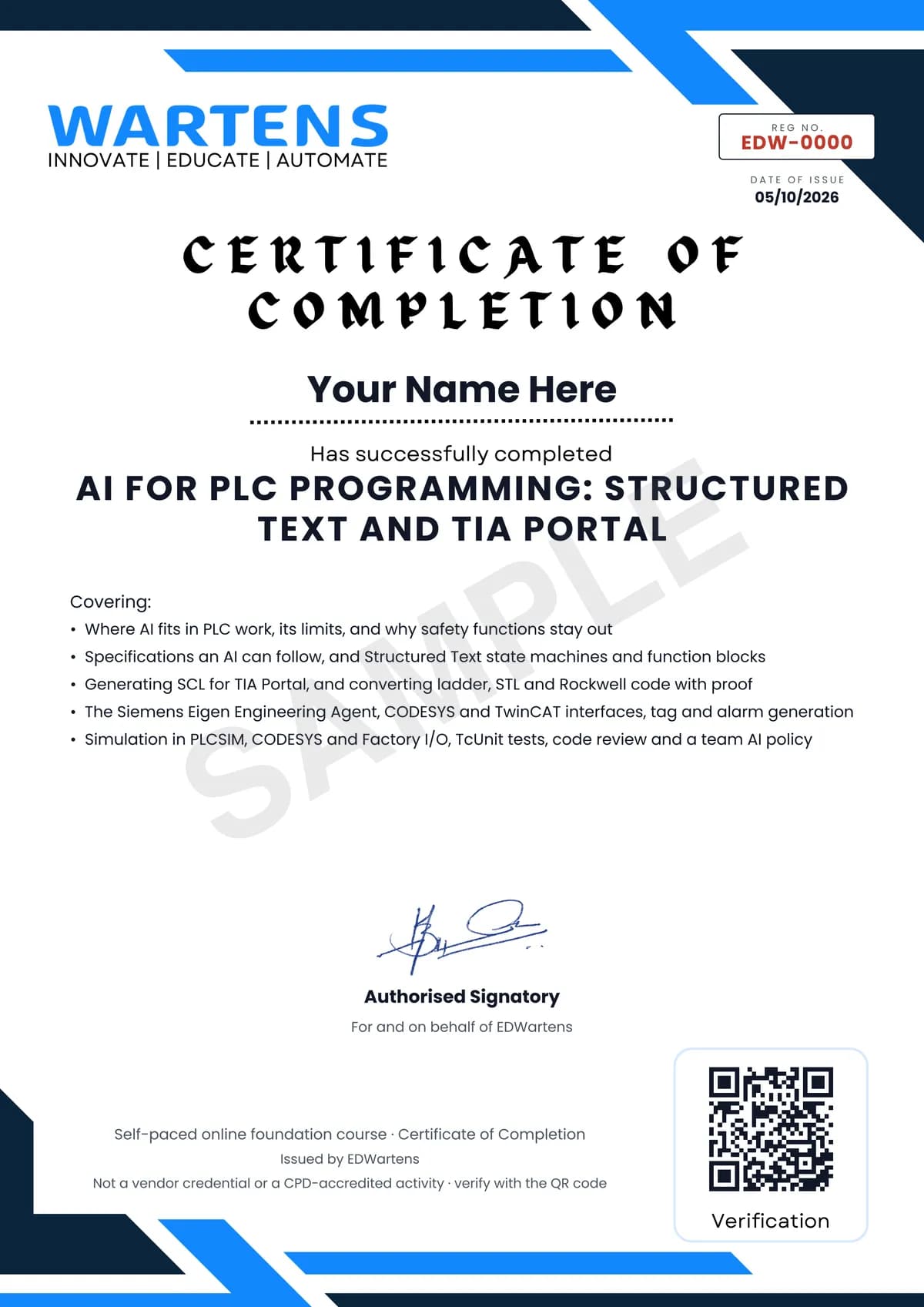 Sample EDWartens Certificate of Completion for AI for PLC Programming: Structured Text, TIA Portal and Siemens Eigen