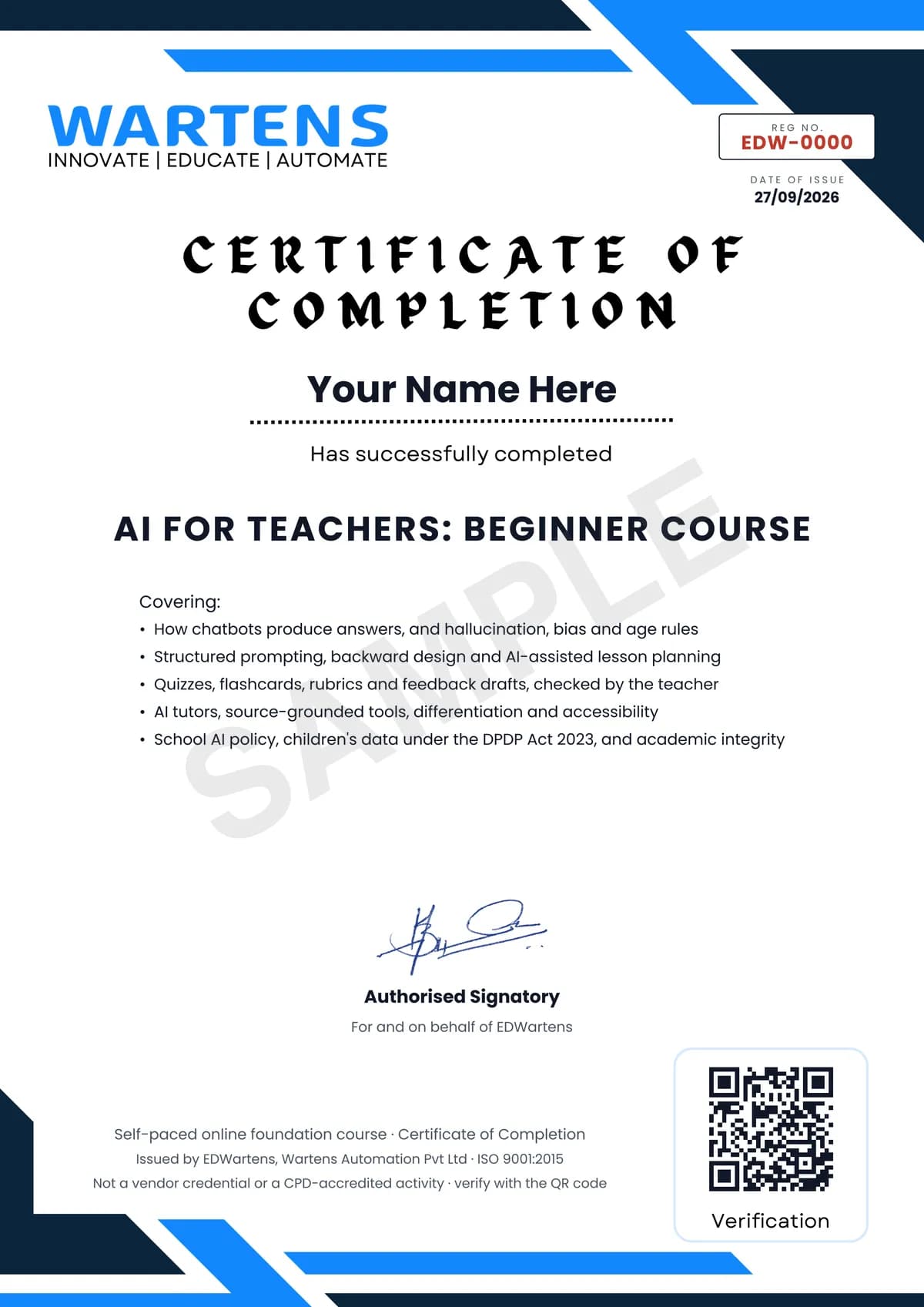 Sample EDWartens Certificate of Completion for AI for Teachers: Lesson Plans, Quizzes, Feedback and Classroom Policy