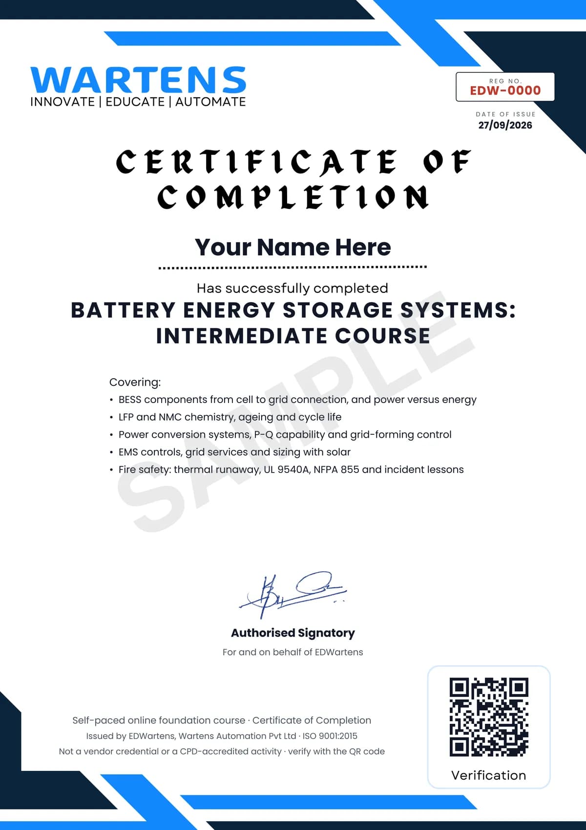 Sample EDWartens Certificate of Completion for Battery Energy Storage Systems (BESS): Design, Controls and Safety