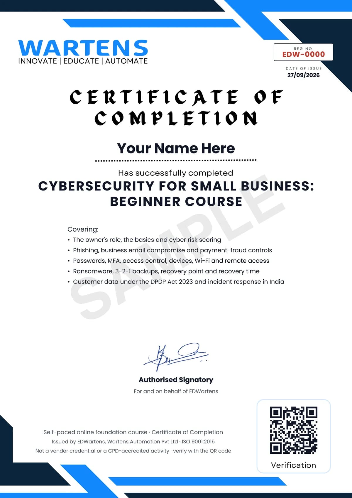 Sample EDWartens Certificate of Completion for Cybersecurity for Small Business