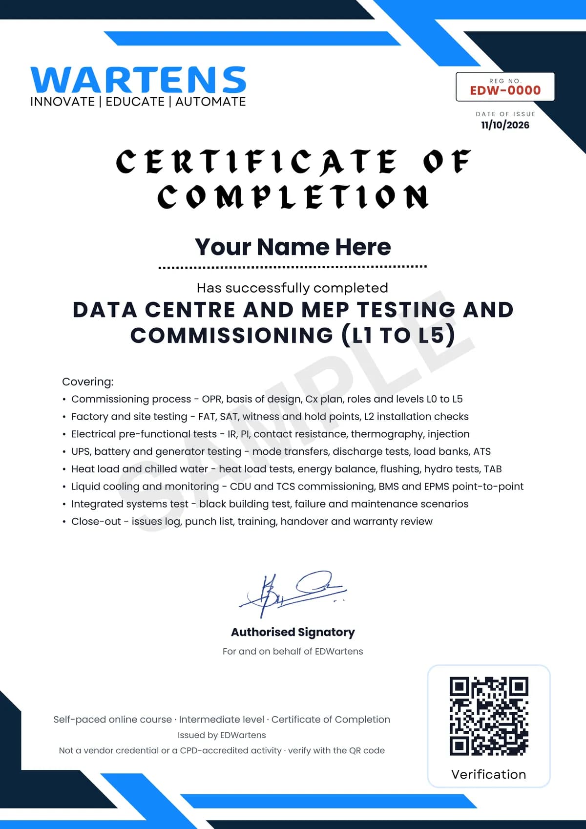 Sample EDWartens Certificate of Completion for Data Centre and MEP Testing and Commissioning (L1 to L5)