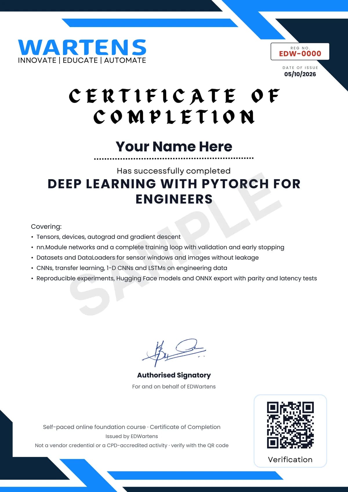 Sample EDWartens Certificate of Completion for Deep Learning with PyTorch for Engineers