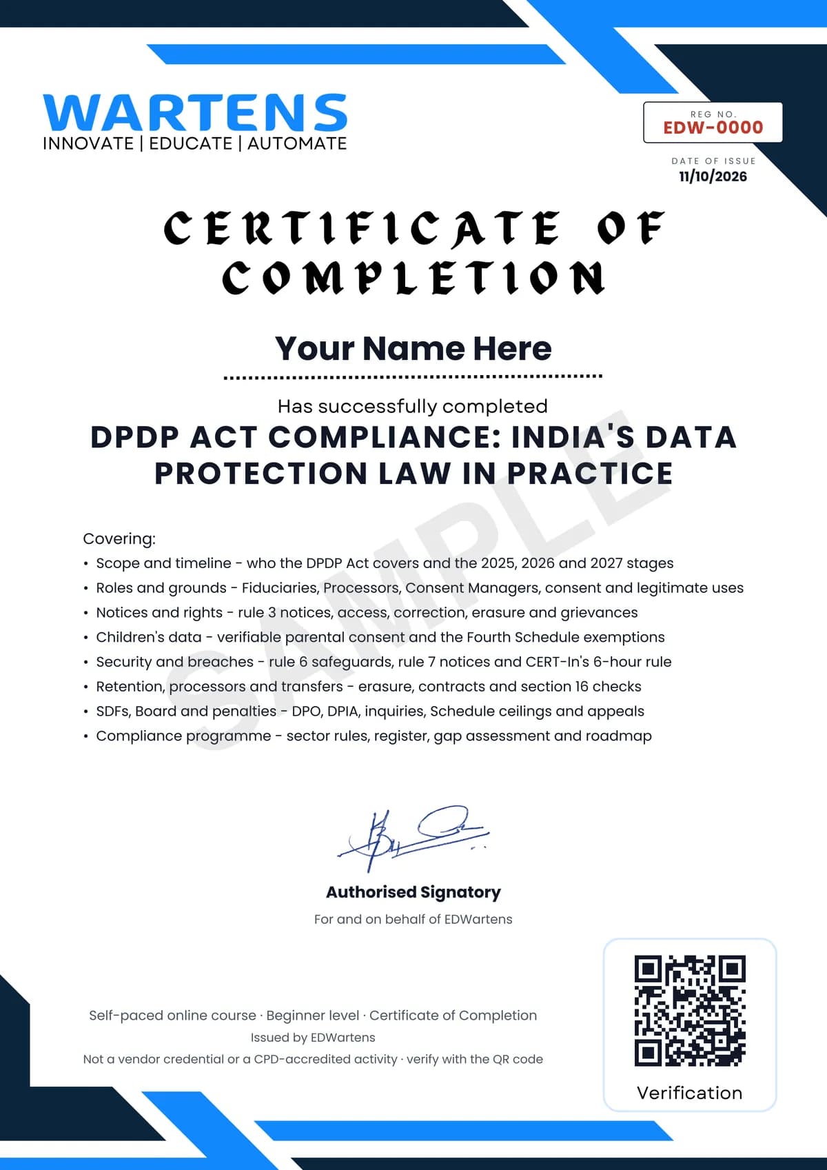 Sample EDWartens Certificate of Completion for DPDP Act Compliance: India's Data Protection Law in Practice