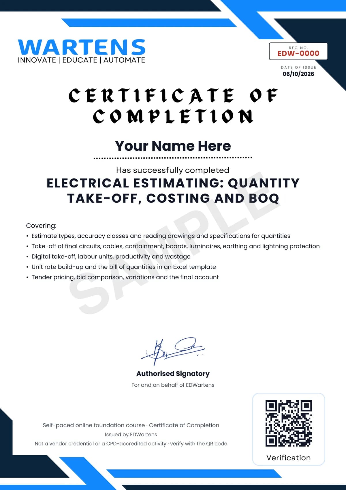 Sample EDWartens Certificate of Completion for Electrical Estimating: Quantity Take-off, Costing and BOQ