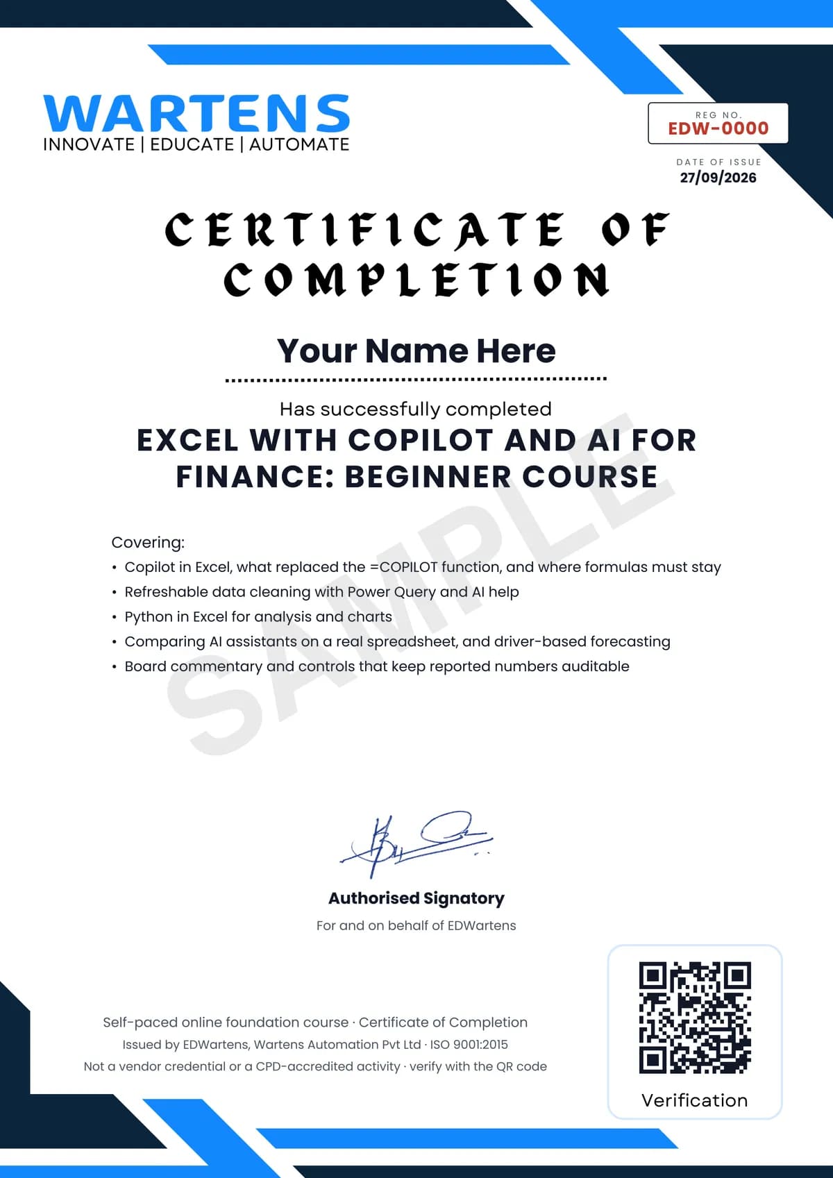 Sample EDWartens Certificate of Completion for Excel with Copilot and AI for Finance and FP&A