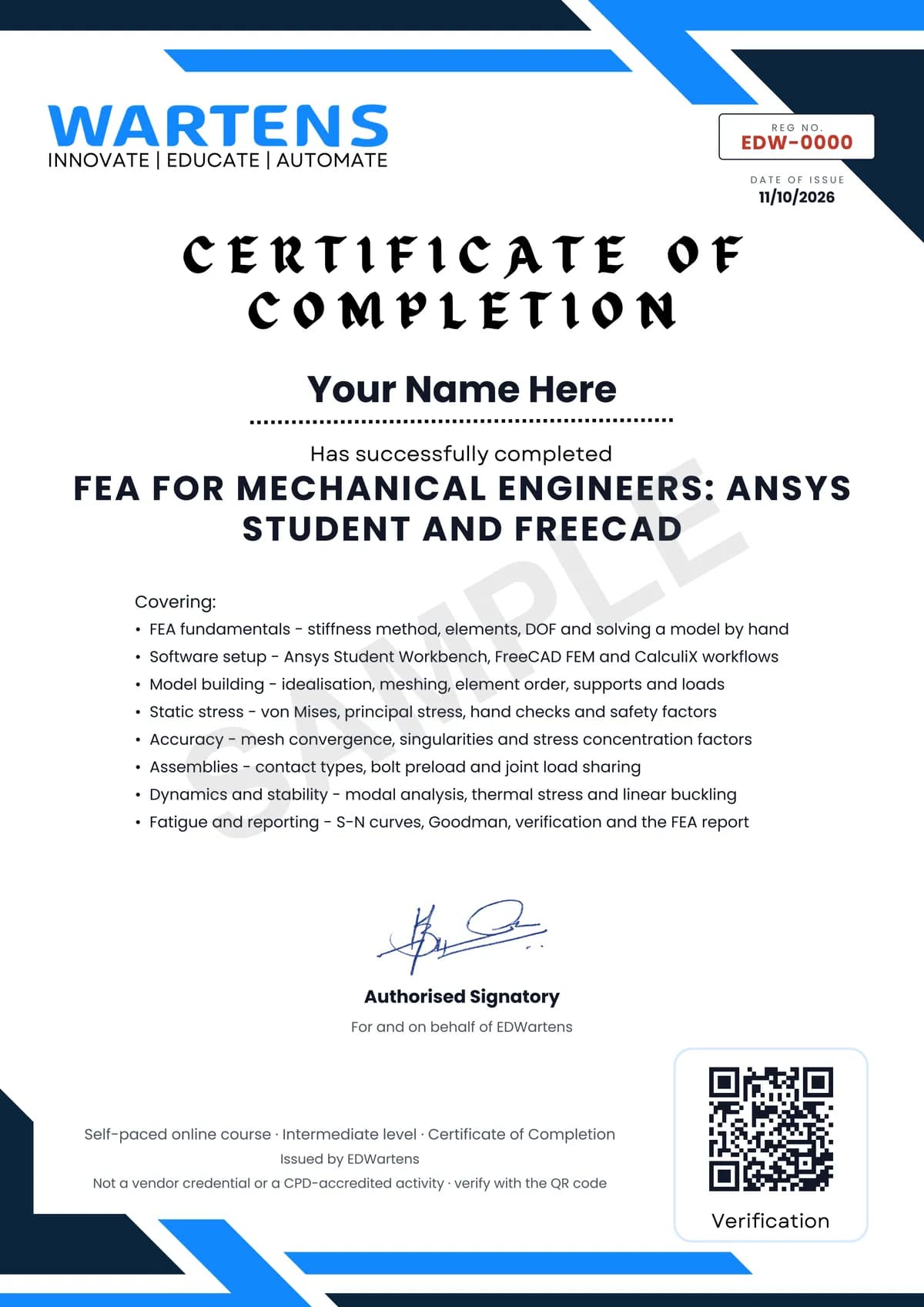 Sample EDWartens Certificate of Completion for FEA for Mechanical Engineers: Ansys Student and FreeCAD