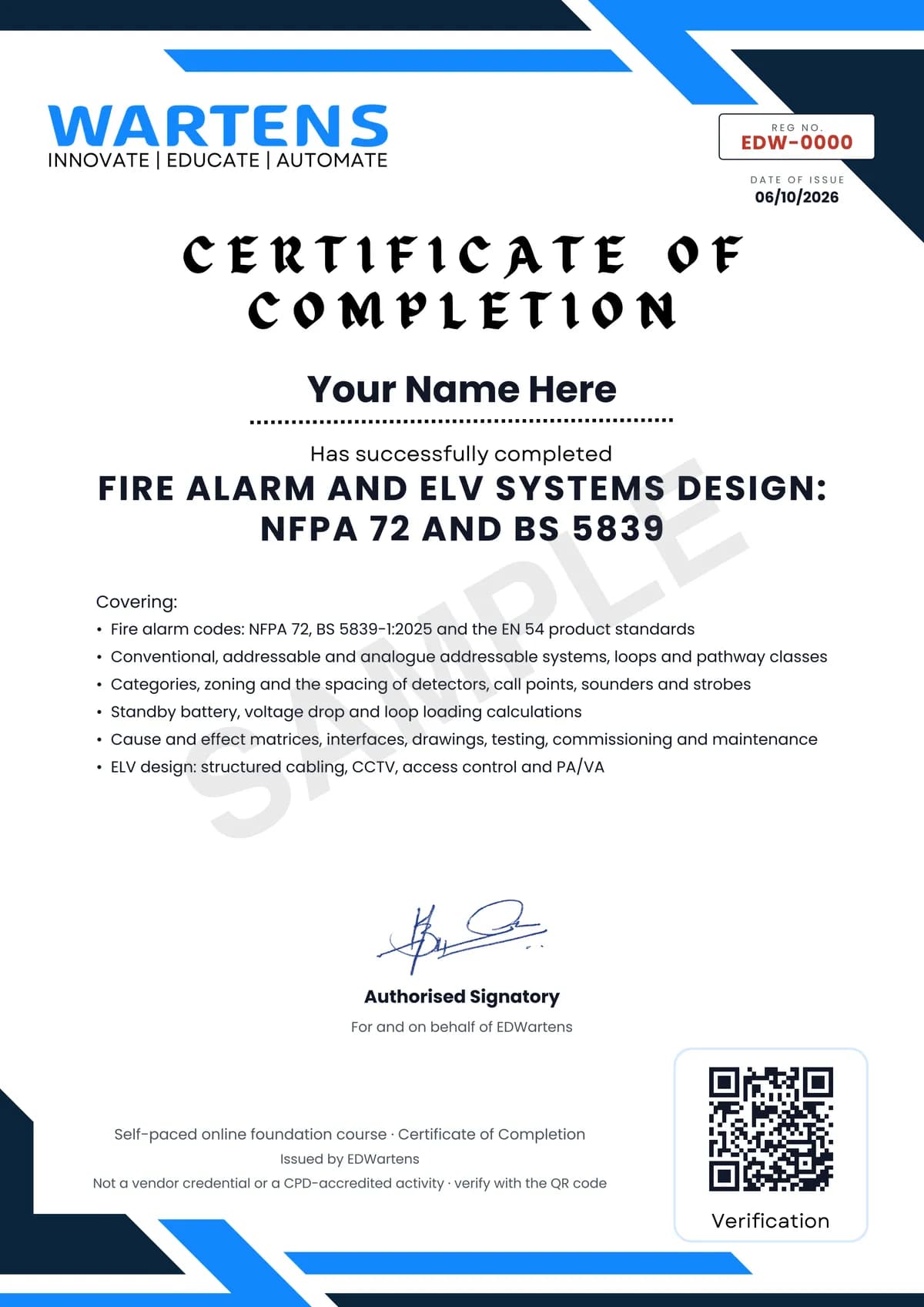 Sample EDWartens Certificate of Completion for Fire Alarm and ELV Systems Design: NFPA 72 and BS 5839