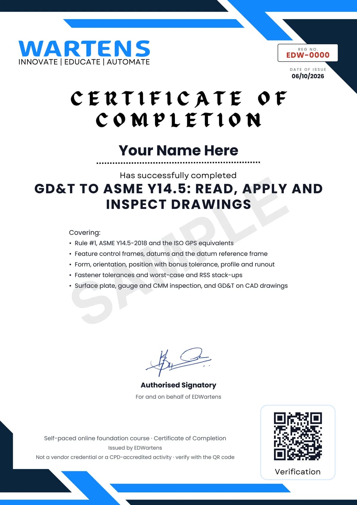 Sample EDWartens Certificate of Completion for GD&T to ASME Y14.5: Read, Apply and Inspect Drawings