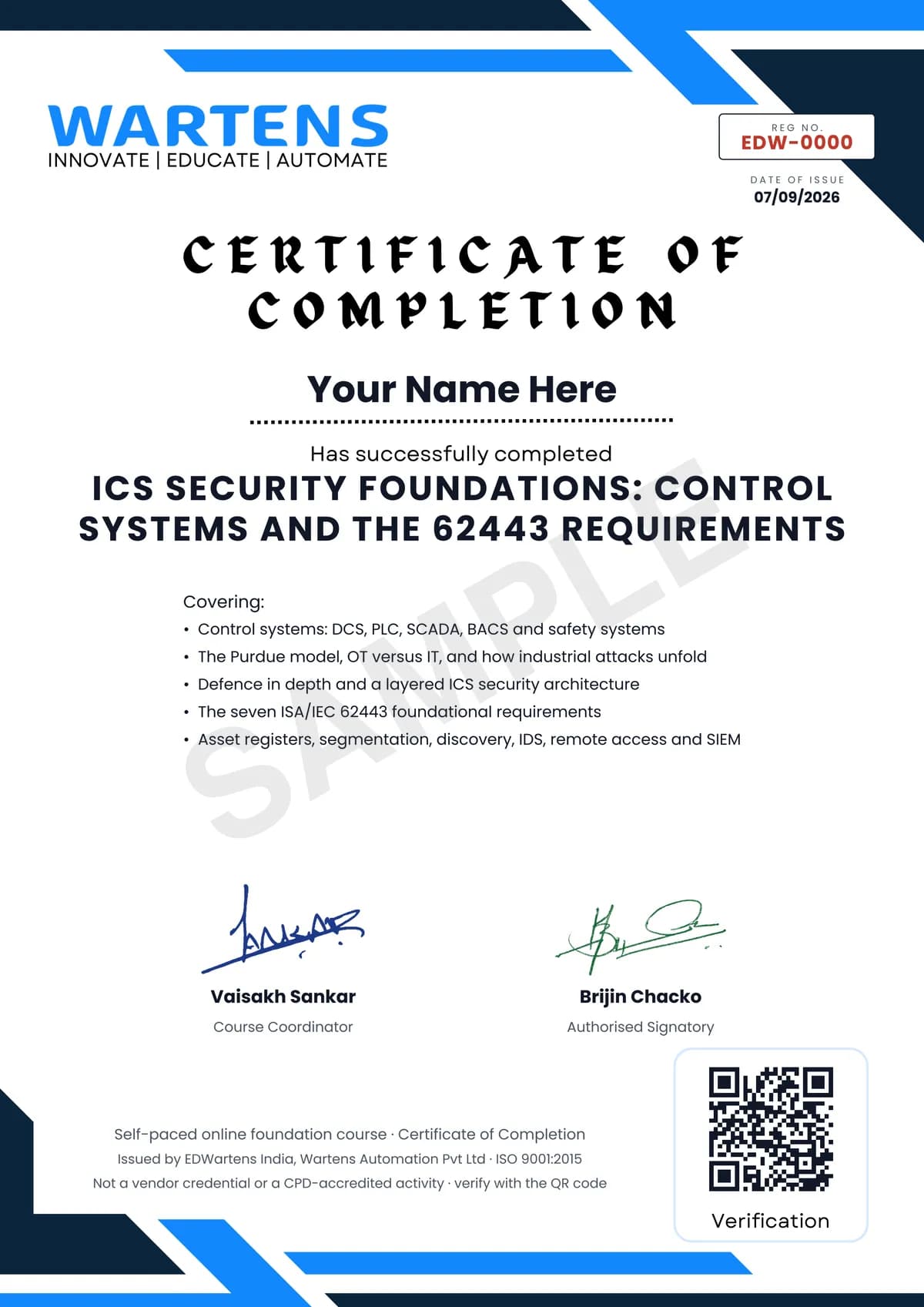 Sample EDWartens Certificate of Completion for ICS Security Foundations: Control Systems, Defence in Depth and the 62443 Requirements